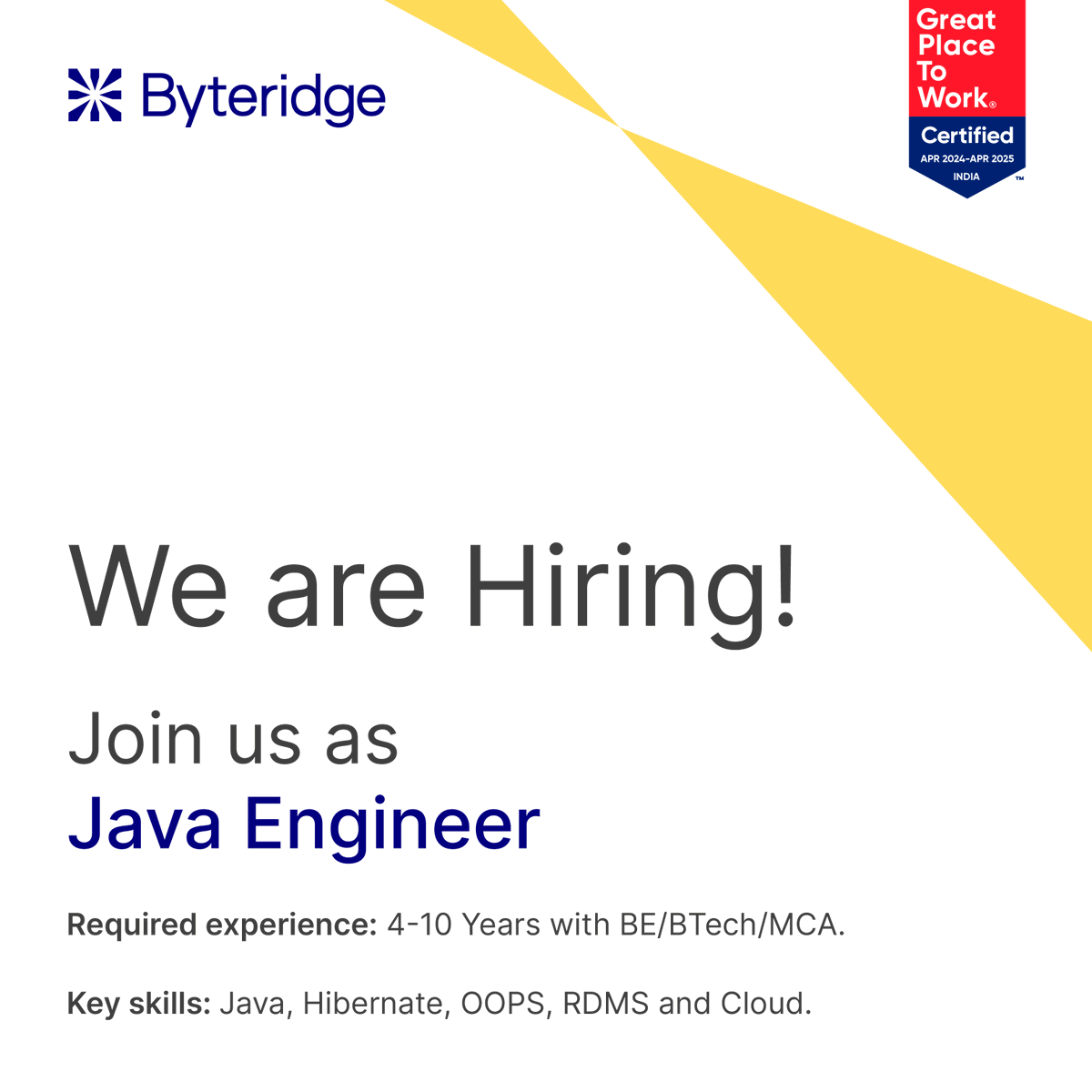 byteridge's tweet image. Are you a seasoned Java Engineer with 4-10 years of experience?
Qualifications Requiered: BE/BTech/MCA
Take the next step in your career journey with Byteridge!
Apply now: app.turbohire.co/get/bWl0b3h
#JavaEngineer #TechCareers #TechTalent