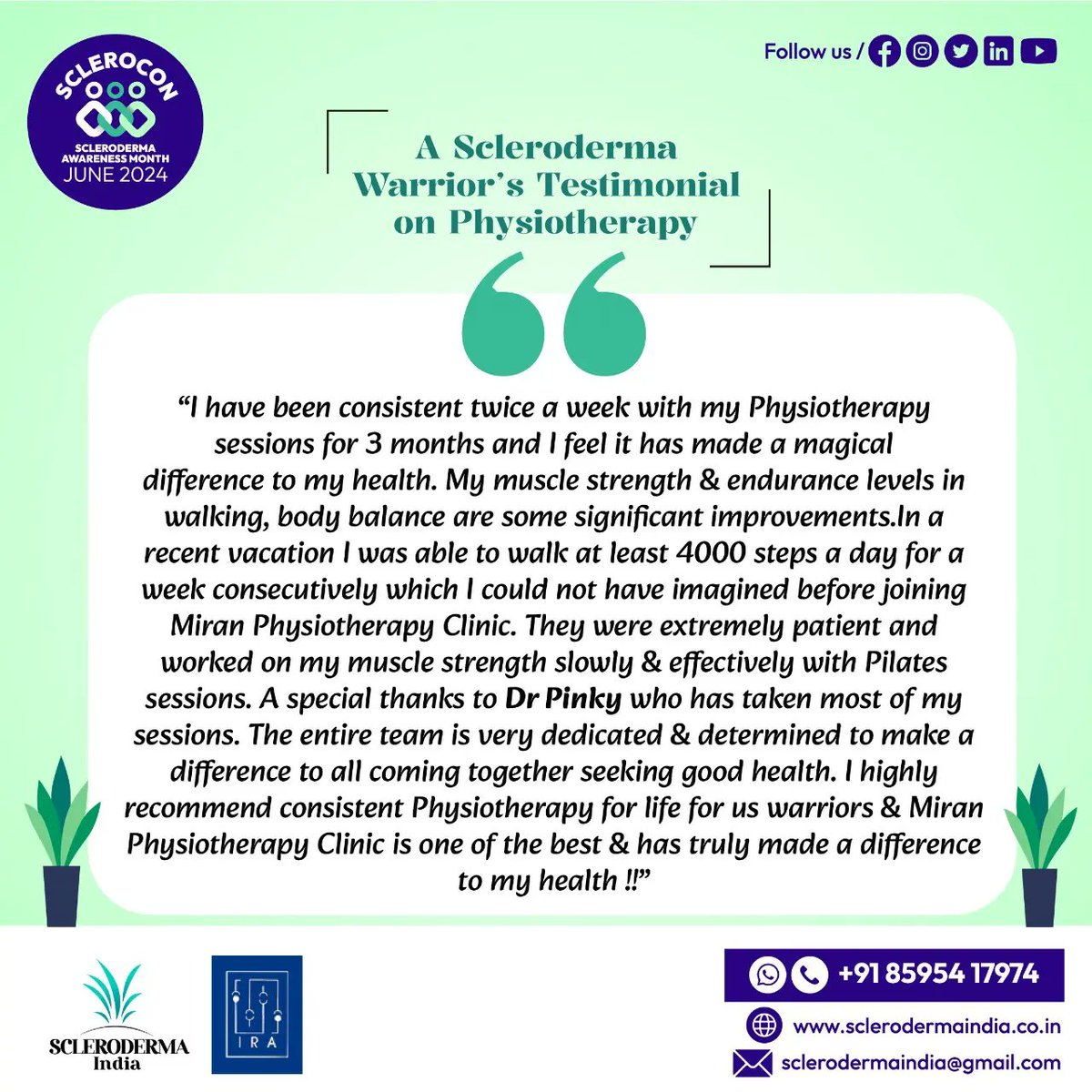 ScleroIndia's tweet image. Consistent physiotherapy and dedicated medical support can significantly improve muscle strength and overall health in systemic sclerosis patients.

#SclerodermaIndia #SystemicScleroderma #physiontherapy #testimonial