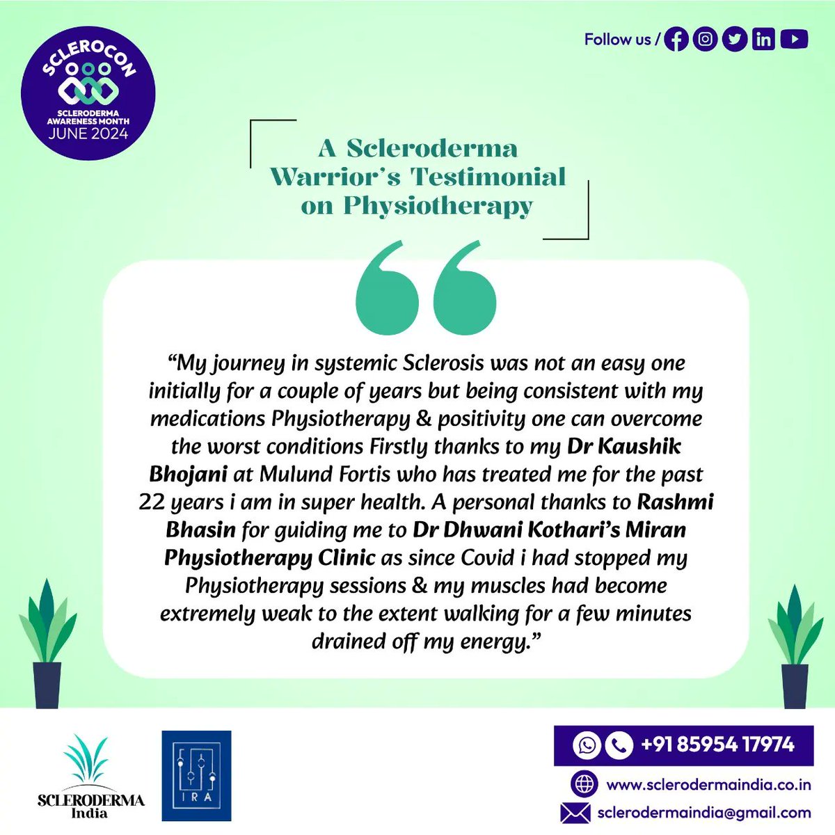 ScleroIndia's tweet image. Consistent physiotherapy and dedicated medical support can significantly improve muscle strength and overall health in systemic sclerosis patients.

#SclerodermaIndia #SystemicScleroderma #physiontherapy #testimonial