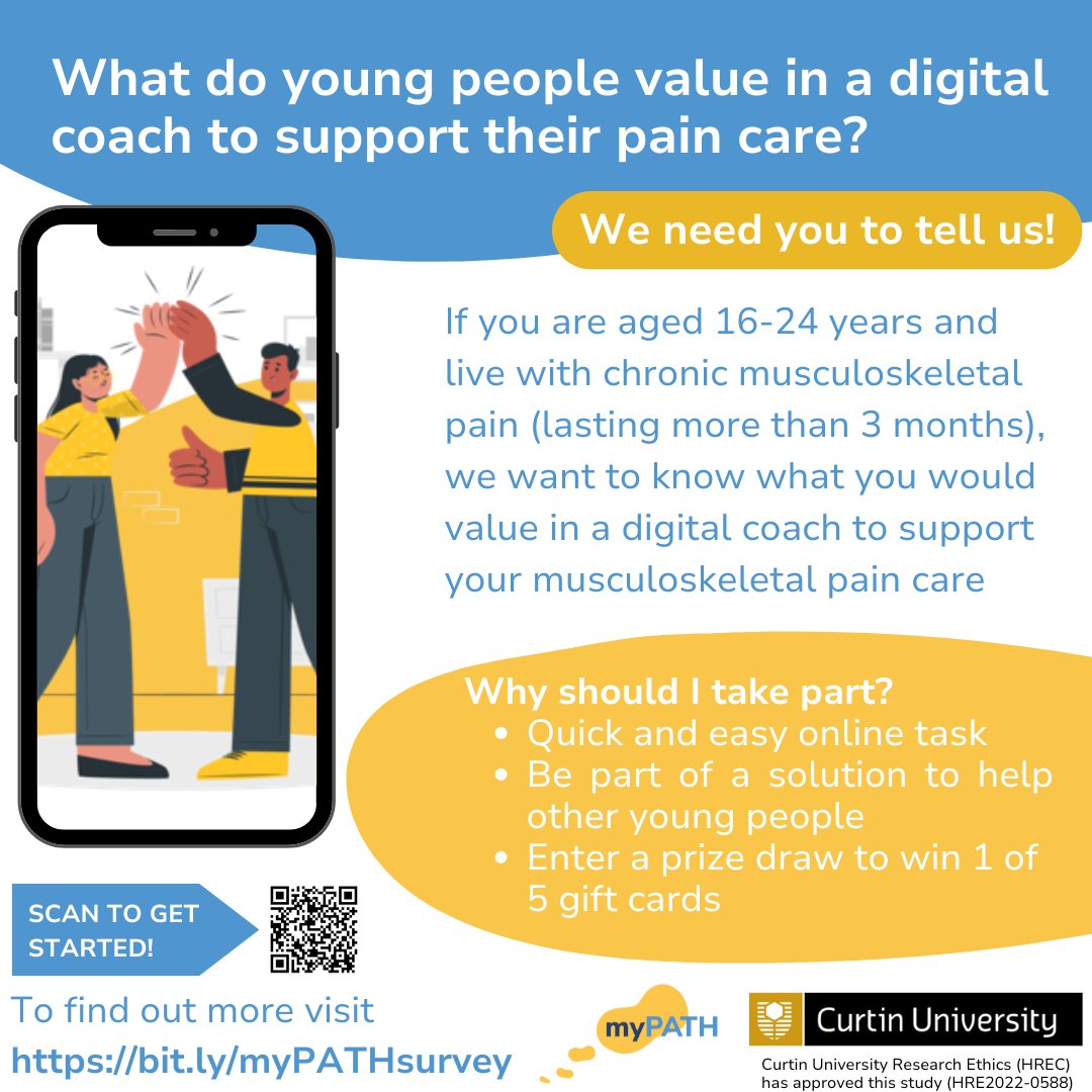 We are inviting young people (aged 16 - 24) with chronic MSK pain to tell us what they would value from a digital coach to support their pain care.
Enter a prize draw to win 1 of 5 gift cards.
Visit bit.ly/myPATHsurvey to find out more
#MSK #chronicpain #digitalhealth