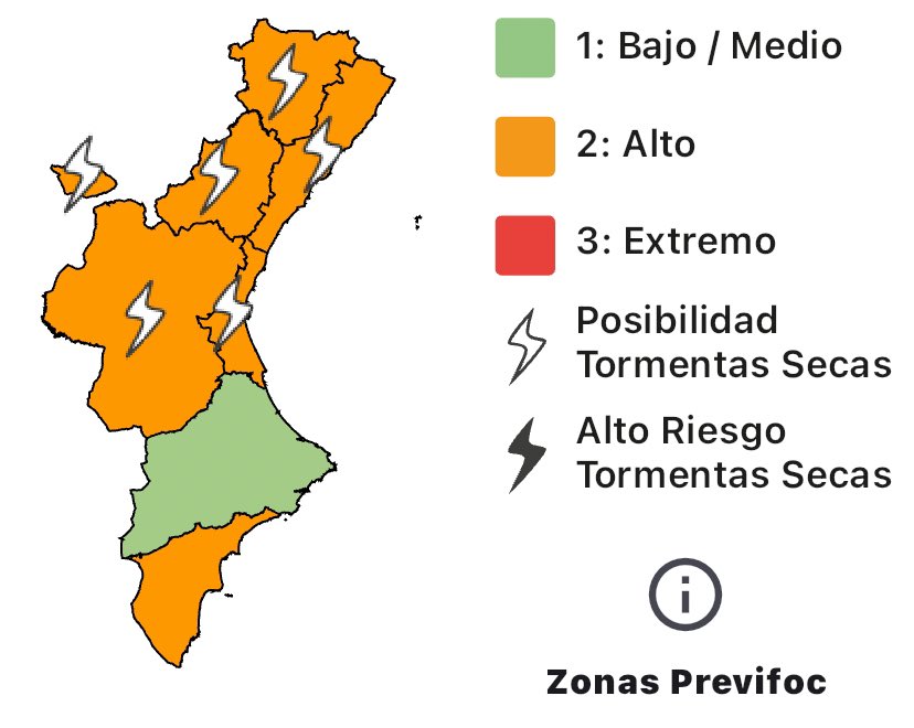 GVA112's tweet photo. 🔥El nivel de preemergencia por riesgo de incendios forestales para hoy 25/06 es:

🟠Alto en toda la provincia de Castellón y de Valencia y sur de Alicante

🟢Bajo-medio en el norte de Alicante

⚡️Probabilidad de chubascos y tormentas secas en Valencia y Castellón

#StopAlFoc https://t.co/6stTCMHA9w