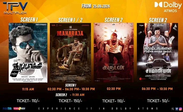 RockyRakes3379's tweet image. tpvmultiplex's profile picture
Today's Schedule at #TPVMultiplex:

🎥 Second Half of the Year: Most Successful Runs in Kollywood!

🔥 #Maharaja: Intense Intermission Scene
💪 #Thuppakki: Thalapathy Force Back in Theaters
💯 #Garudan: Soori's Victory