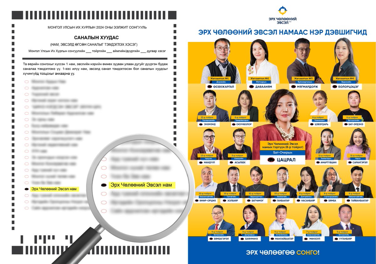 Эрх Чөлөөний Эвсэл намаас жагсаалтаар нэр дэвшигч сонгохдоо:

1. Нам эвсэл сонгох саналын хуудаснаас
"Эрх Чөлөөний Эвсэл нам"-ыг ХАЙЖ олно. (Доороосоо 4-т бичигдсэн байгаа) 

2. Нэрний өмнөх улаан дугуйг дүүргэн будна.

#ЭрхЧөлөөнийЭвсэл #LibertéParty 
liberte.mn/post/135