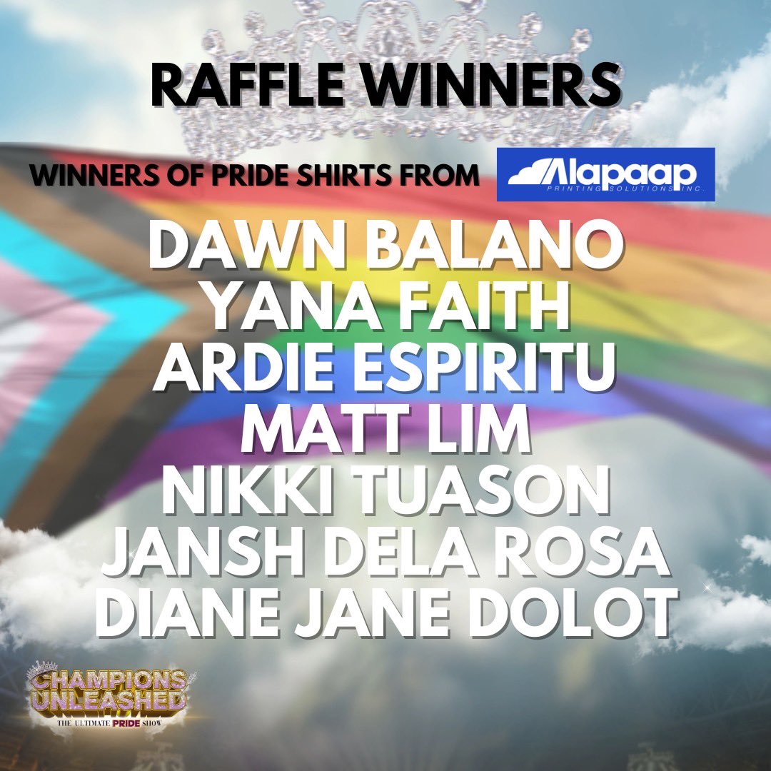 iqueenique's tweet photo. Congratulations to the following raffle winners! Enjoy one pride shirt from @alapaapprint. 

Check out your email for the e-copy of your prize as our team will send it out 🎉

Special thanks to @alapaapprint for these gifts to our lucky attendees! https://t.co/b6YNigouL6