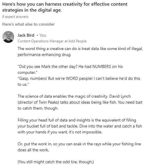 jckbrd's tweet photo. I've been enjoying using LinkedIn's collaborative articles feature recently. It's a good way to get me thinking about topics like creativity in strategies, handling client feedback, etc. 

Dropped a few that I think would be most helpful for someone in my industry below 👇 https://t.co/CqmOLpkcYo