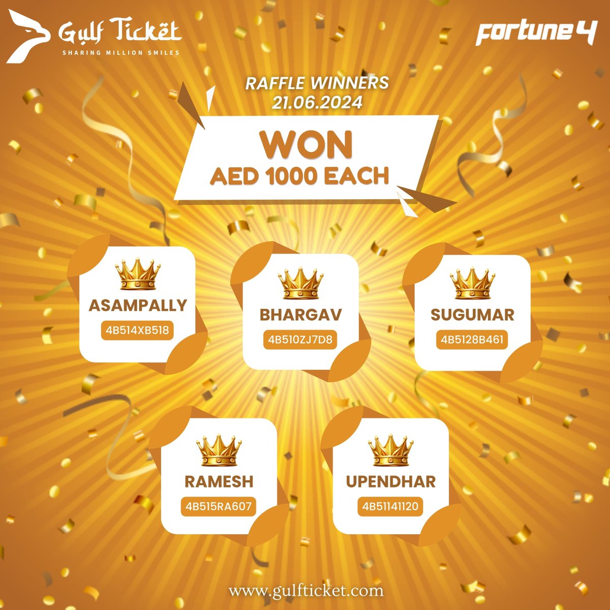 Gulfticket_ME's tweet photo. 🥳Congratulations to our Gulf Ticket Fortune 4 winners! 🏆Will you be the next? Grab your tickets today for a chance to join the lucky few. Your fortune awaits!✨

#gulfticket #congratulations #gulfticketfortune4 #luckywinners #tickettohappiness #excitingjourney https://t.co/5ZSxsXAzZ6