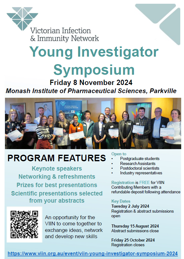 We are pleased to announce the <a href="/The_VIIN/">VIIN</a> Young Investigator Symposium will be held on Friday November 8th at <a href="/MIPS_Australia/">Monash Institute of Pharmaceutical Sciences</a> (Parkville)!  Please share on your socials 📢 We look forward to seeing you in November 😊
Registration &amp; abstracts open Tuesday July 2nd 👇