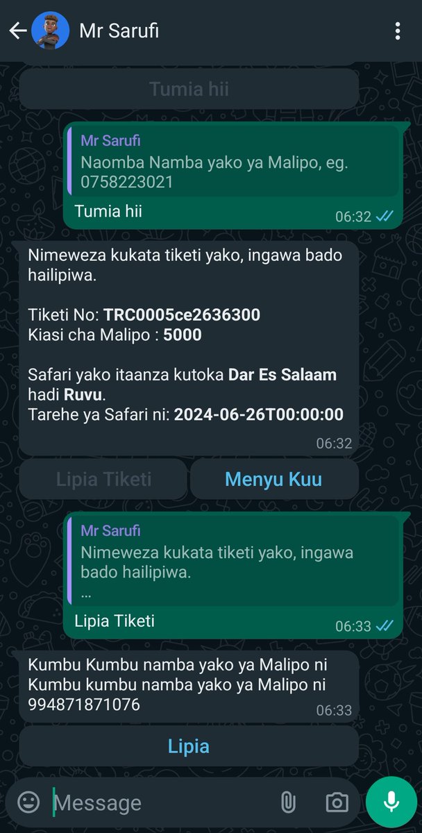 j_kalebu's tweet image. So Couple of days back challenged myself to make a chatbot for SGR Ticketing 🎟  in day but it went dark pretty fast I abandoned  it 

Today couldn&apos;t take another miss, shipped the first dummy version with limited features  but can book ticket and pay right on WhatsApp