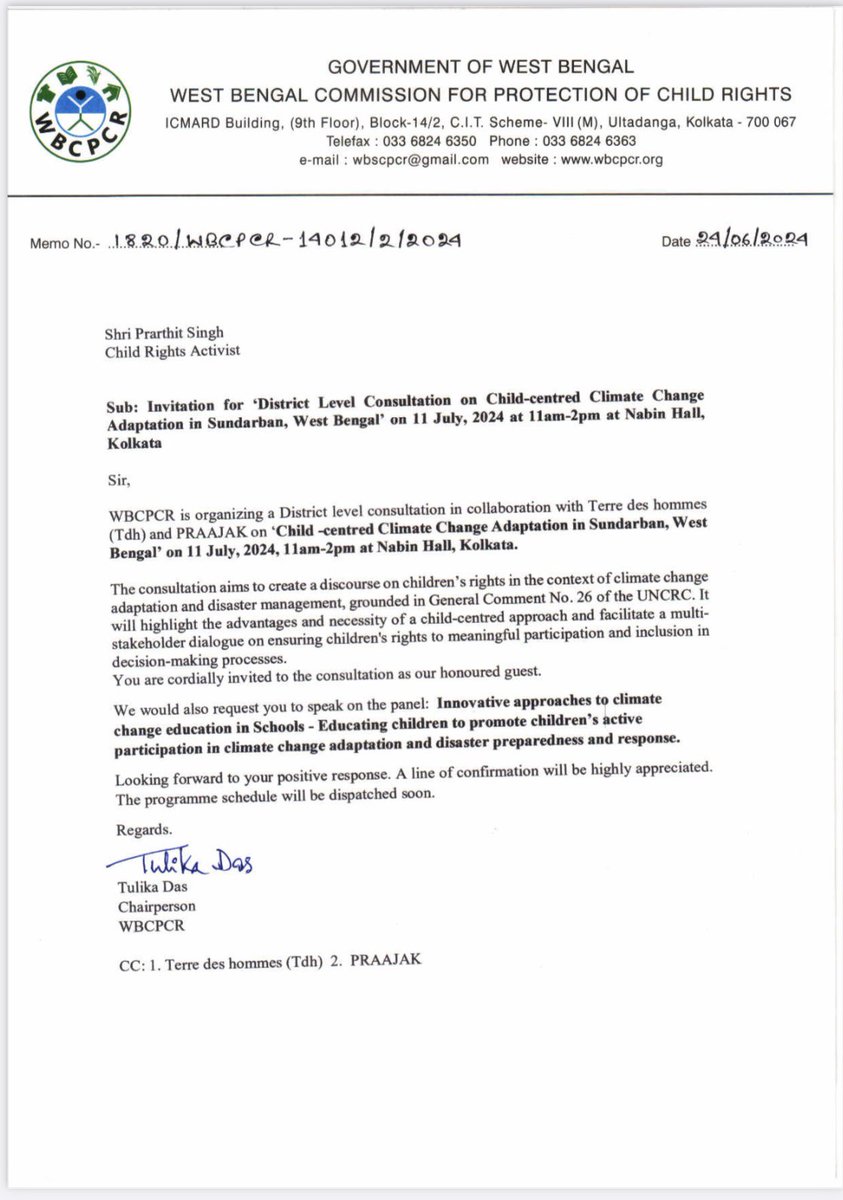 Prathit Singh (@prathitsingh1) on Twitter photo Honoured to be invited by the <a href="/WBCPCR/">WBCPCR</a> <a href="/GoWestBengal/">Government of West Bengal</a> and <a href="/tdh_org/">Terre des hommes</a> for upcoming consultations on childcentred #climatechange adaptation.
Such an important step towards developing inclusive climate action plans in the state! Honoured to be invited by the <a href="/WBCPCR/">WBCPCR</a> <a href="/GoWestBengal/">Government of West Bengal</a> and <a href="/tdh_org/">Terre des hommes</a> for upcoming consultations on childcentred #climatechange adaptation.
Such an important step towards developing inclusive climate action plans in the state!