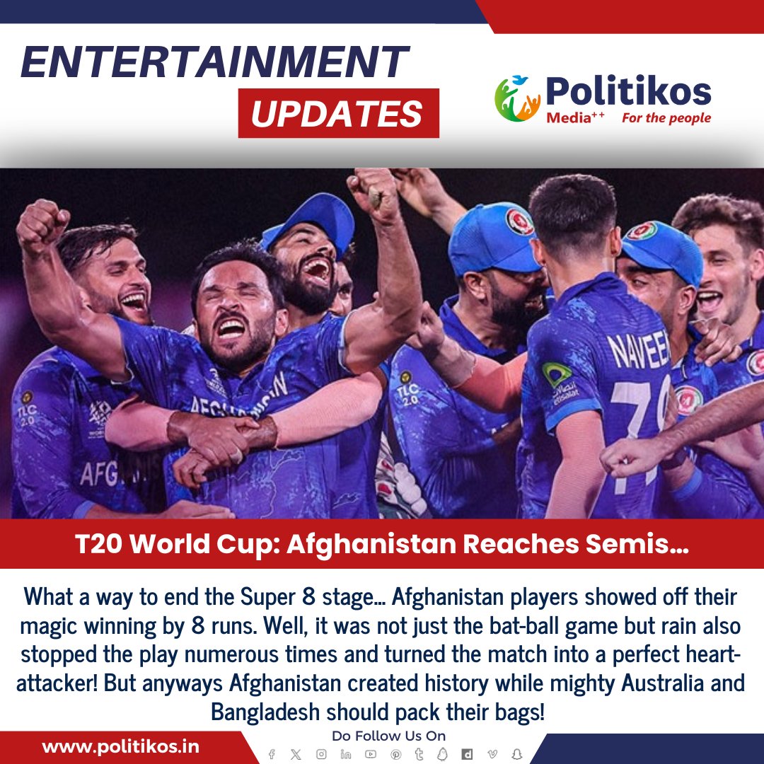 imwpolitikos's tweet photo. T20 World Cup: Afghanistan Reaches Semis…
#Politikos
#Politikosentertainment
#T20WorldCup
#AfghanistanCricket
#AFGvs
#Cricket
#T20WC
#CricketLovers
#AfghanistanInSemis
#CricketFans
#AfghanistanTeam https://t.co/4HrG7gF6PX