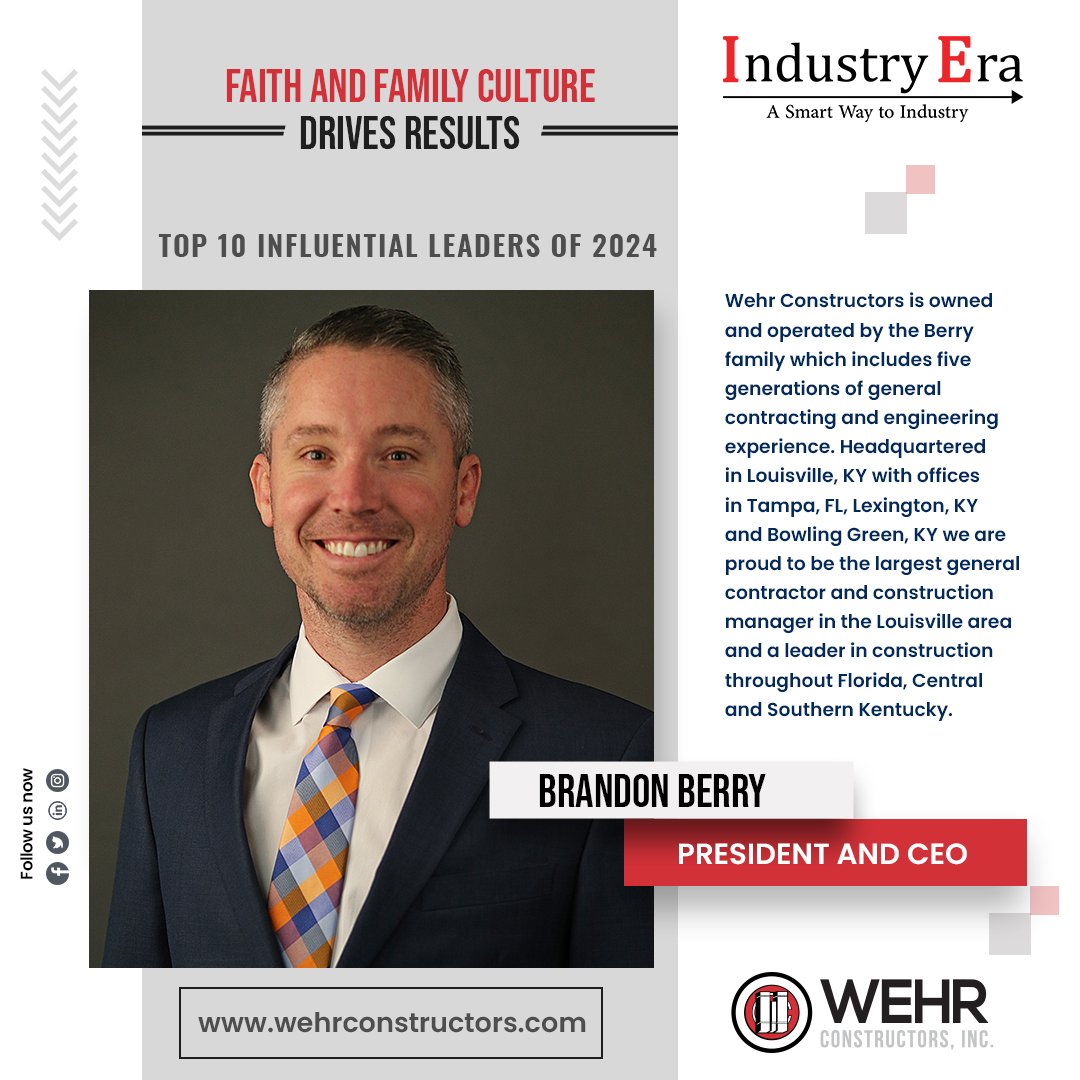 IndustryEra's tweet image. Brandon Berry #president &amp;amp; #CEO of Wehr Constructors, Inc.
#constructors #engineeringexperience #constructionmanager #influentialleaders #leadership
industry-era.com/Brandon-Berry-…