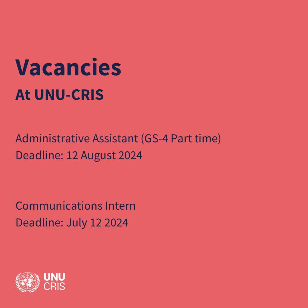 📣 Work with us! 📣
We have two vacancies at UNU-CRIS! 

- Administrative Assistant (GS-4 Part time)
Deadline: 12 August 2024

- Communications Intern (Full time)
Deadline: 12 July 2024

Apply now🔗: cris.unu.edu/vacancies

Share to your network!