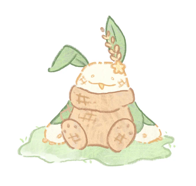 made a new shop logo and mascot creature for fun!!   aimi (my star farmer sona) and zongzi (rice.. bag.. rabbit) (ricebbit) (filled with joy) 