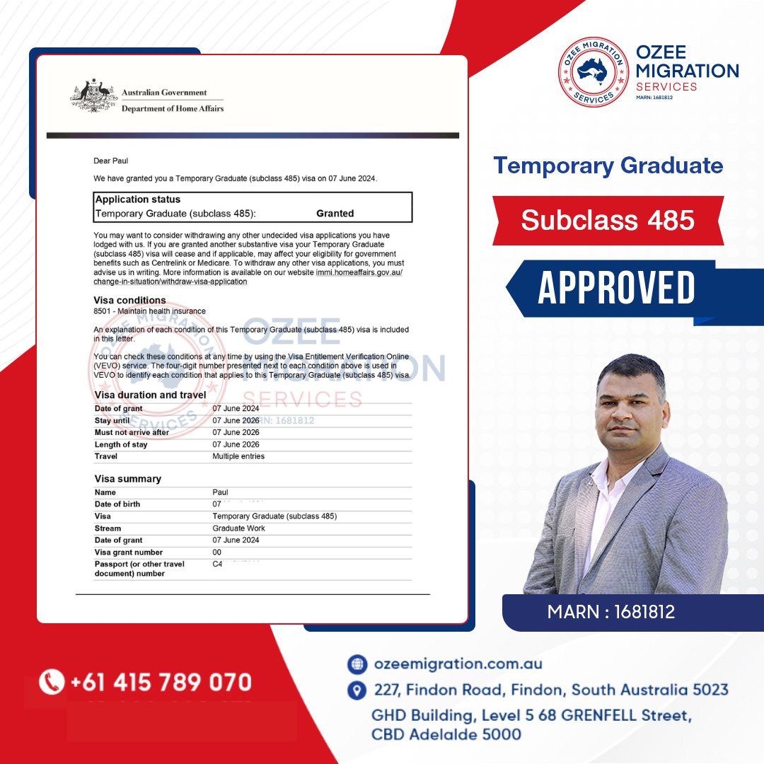 OzeeMigration's tweet image. 🎉 Grant of 𝐓𝐞𝐦𝐩𝐨𝐫𝐚𝐫𝐲 𝐆𝐫𝐚𝐝𝐮𝐚𝐭𝐞 𝐒𝐮𝐛𝐜𝐥𝐚𝐬𝐬 𝟒𝟖𝟓 Graduate Work Stream! 🎉

👉 For Any Migration Query Get in Touch with Ozee Migration

🌎 ozeemigration.com.au
☎️ +61 415 789 070

#migrationagent #visa #australia #temporarygraduate #485visa #migration