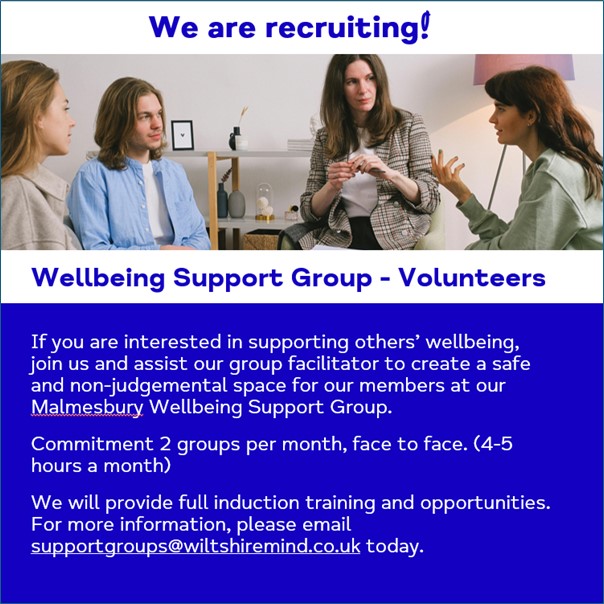 Wiltshire Mind (@wiltshire_mind) on Twitter photo Volunteers required for our Malmesbury wellbeing support group to assist our group facilitator create a safe a space for our members. Email supportgroups@wiltshiremind.co.uk for further information. #volunteering Volunteers required for our Malmesbury wellbeing support group to assist our group facilitator create a safe a space for our members. Email supportgroups@wiltshiremind.co.uk for further information. #volunteering
