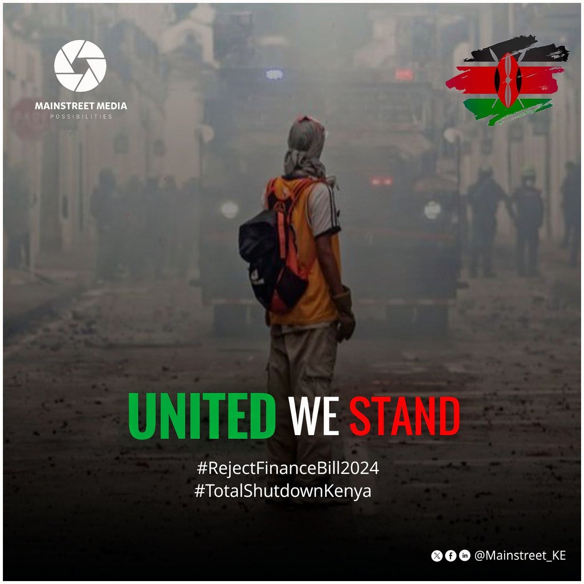 Mainstreet_KE's tweet photo. If you don't stand for something,then you shall fall for anything.

#RejectFinanceBill2024 #TotalShutdownKenya Nairobi CBD Mombasa Kenyan Flag Faith Odhiambo Raila Odinga Gen Z Rigathi WE ARE LEGION Murderer Kaende Kaende Jacob Juma #impeachruto Safaricom Power is Transient Yues https://t.co/OHb51yIigE