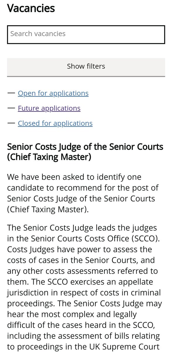 Noticed a vacancy for the senior costs judge on the Jac website. The new SCJ will be my third since I started which sadly reflects my age.  My first ever assessment was before the present one (before he was SCJ) in Clifford's inn on a bill of £4k...big shoes to fill