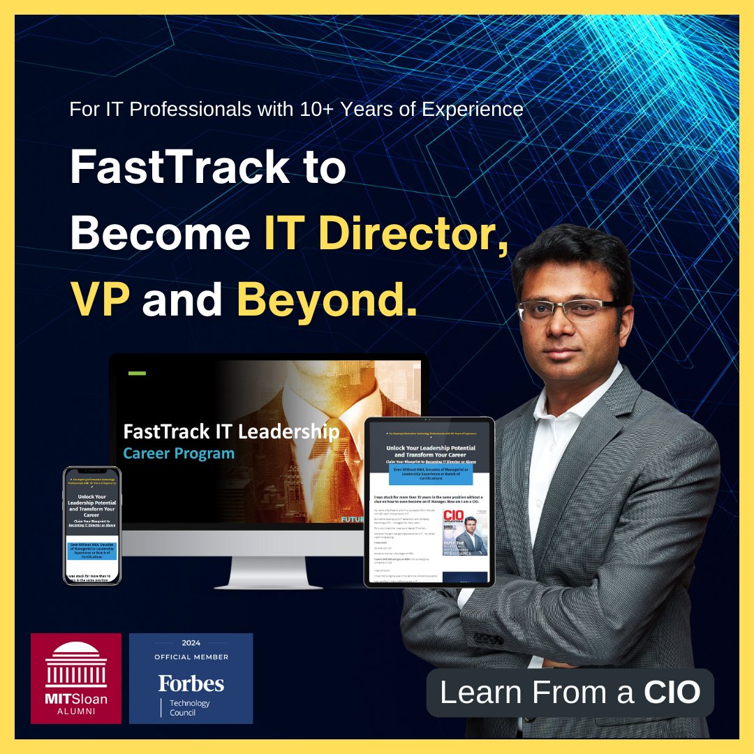 FutureCIOClub's tweet photo. 🚀 Accelerate Your IT Leadership Journey! 🚀
🎓 For IT Professionals with 10+ Years of Experience:
🌟 Rise to IT Director, VP, or CIO roles
🔑 Develop the CIO-level Skillset, Mindset, and Toolset
Visit: https://t.co/djUsxNTvKM
#FutureCIO #ITLeadership #ITDirector https://t.co/itdBQX1FPg