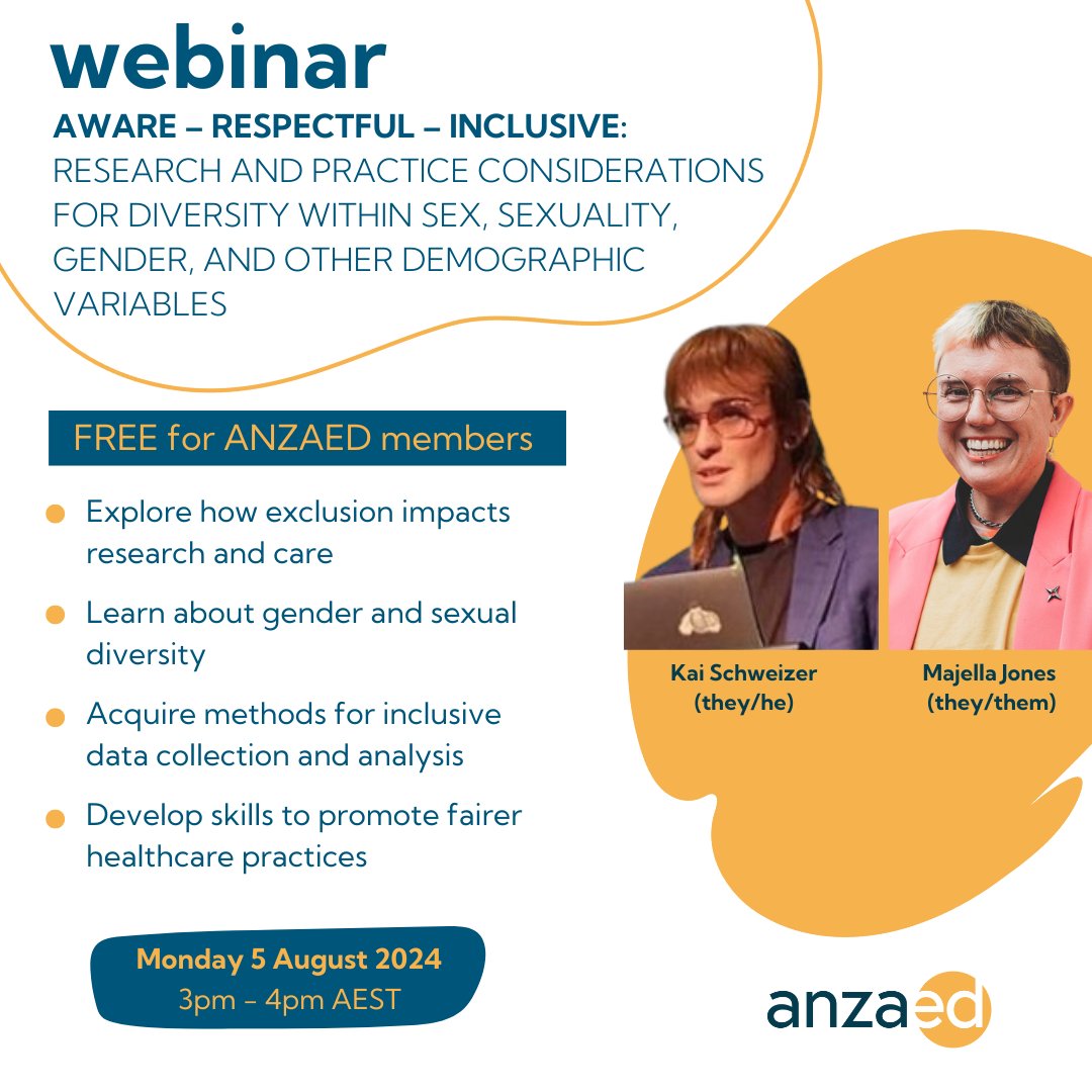 ANZAED (@anzaed1) on Twitter photo 🌈WEBINAR!
"Aware – Respectful – Inclusive"
<a href="/KaiSchweizer/">Kai Schweizer</a> (they/he) & Majella Jones (they/them)
Register: anzaed.org.au/webinar-regist…
Become an ANZAED member to get FREE access to our webinars: anzaed.org.au/membership/
#InclusiveHealthcare #GenderDiversity #MentalHealth 🌈WEBINAR!
"Aware – Respectful – Inclusive"
<a href="/KaiSchweizer/">Kai Schweizer</a> (they/he) & Majella Jones (they/them)
Register: anzaed.org.au/webinar-regist…
Become an ANZAED member to get FREE access to our webinars: anzaed.org.au/membership/
#InclusiveHealthcare #GenderDiversity #MentalHealth