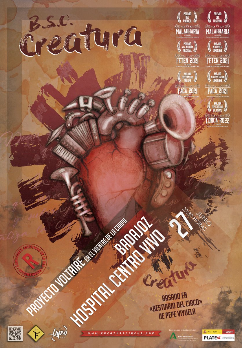 Amigos de Badajoz, este jueves estaremos de concierto con <a href="/ProyectoVoltair/">Proyecto Voltaire</a>  en El Hospital Centro Vivo, a las 20'30H

#BSO Creatura