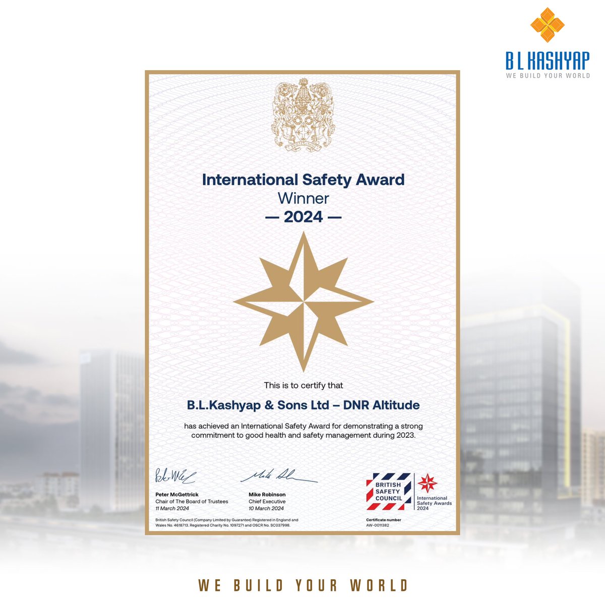 We congratulate our team at DNR Altitude site on winning the International Safety Award in 2024 by @britishsafetycouncil. This prestigious recognition signifies the teams dedication in maintaining a safe and healthy work environment throughout.

#BLKashyap #WeBuildYourWorld