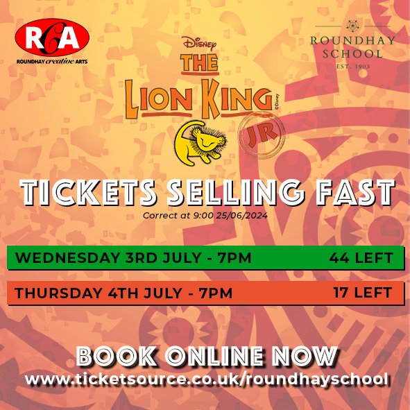RoundhayCreativeArts (@rschcreativeart) on Twitter photo Have you got your tickets for #LionKingJr yet? Tickets are selling really fast and with only a week to go, we expect them to go even quicker. Book now to avoid disappointment - ticketsource.co.uk/roundhayschool
<a href="/RoundhaySchool/">Roundhay School</a> <a href="/RoundhayHead/">RoundhayHead</a> <a href="/RSch_Drama/">Roundhay Drama</a> <a href="/RSch_Music/">Roundhay Music</a> Have you got your tickets for #LionKingJr yet? Tickets are selling really fast and with only a week to go, we expect them to go even quicker. Book now to avoid disappointment - ticketsource.co.uk/roundhayschool
<a href="/RoundhaySchool/">Roundhay School</a> <a href="/RoundhayHead/">RoundhayHead</a> <a href="/RSch_Drama/">Roundhay Drama</a> <a href="/RSch_Music/">Roundhay Music</a>