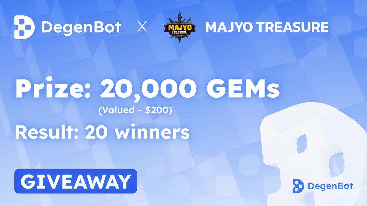 Joint Collab Giveaway: <a href="/TON_degenbot/">Degen Trading Bot</a> 🤝 <a href="/MajyoGame/">Majyo Treasure</a>

🎁 Prize pool: 20,000 GEMs Raffle (valued~ $200)

🏅Result: 20 winners

👇Complete Tasks to Enter
1. Follow <a href="/TON_degenbot/">Degen Trading Bot</a> &amp; <a href="/MajyoGame/">Majyo Treasure</a>
2. Like, RT and tag 3 Friends
3. Drop your wallet and TG handle 👇
4. Join Telegram