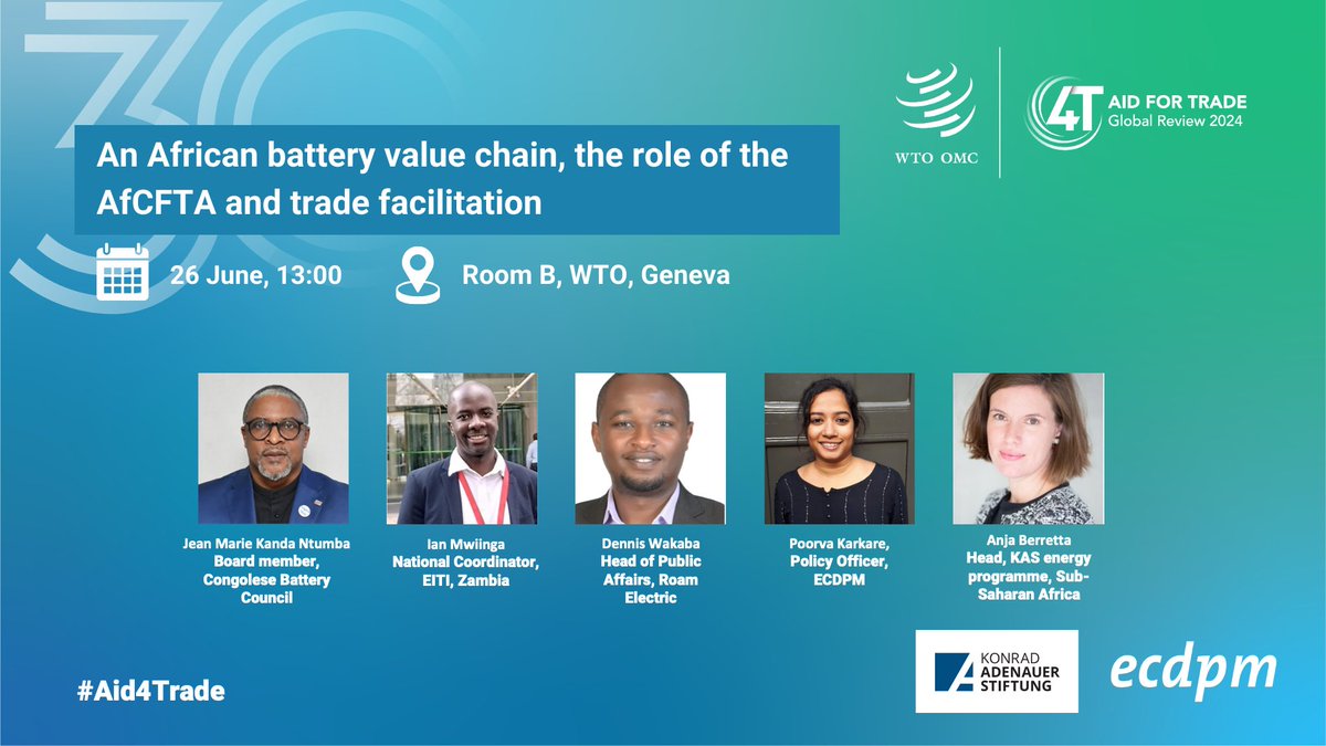 Poorva Karkare (@poorvakarkare) on Twitter photo Tomorrow June 26 at 13h00 we will discuss the prospects for an African battery value chain at the <a href="/wto/">WTO</a> #Aid4Trade #GlobalReview with Jean-Marie Kanda Ntumba, Dennis Wakaba, <a href="/IanMwiinga82/">Ian Mwiinga</a>, Anja Berretta and myself. Join us if you are around!
<a href="/ECDPM/">ECDPM π π</a> <a href="/KAS/">KAS</a> Tomorrow June 26 at 13h00 we will discuss the prospects for an African battery value chain at the <a href="/wto/">WTO</a> #Aid4Trade #GlobalReview with Jean-Marie Kanda Ntumba, Dennis Wakaba, <a href="/IanMwiinga82/">Ian Mwiinga</a>, Anja Berretta and myself. Join us if you are around!
<a href="/ECDPM/">ECDPM π π</a> <a href="/KAS/">KAS</a>