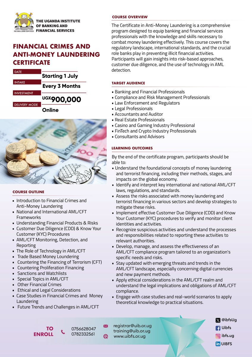 🚨 Gain a Financial Crimes and Anti-Money Laundering Certificate Today! 🌐  Applications are open for our Financial Crimes and Anti-Money Laundering  Certificate course, starting on July 1st, 2024. New intakes every 3