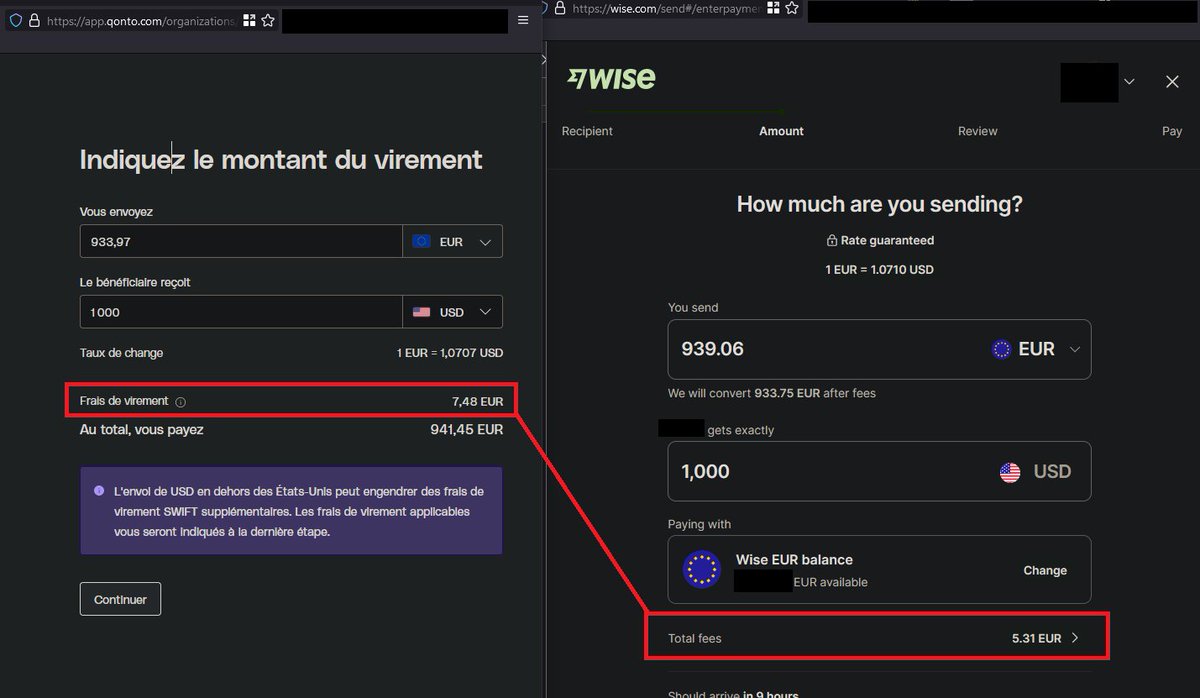 Cher <a href="/getqonto/">Qonto</a> #Qonto, tu me rends de bons services en France et ton mail sur ton intégration avec <a href="/Wise/">Wise</a> présageait du bon, mais en pratique tu n'as pas pu t’empêcher de (légèrement par rapport à d'autres, certes) marger plus, ça se voit 😁.