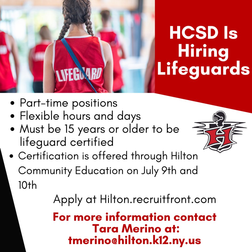 Hilton CSD is hiring lifeguards for the Merton Williams pool.  Want to get certified as a lifeguard?  Community Education is offering classes for that:  hcsd.cr3.rschooltoday.com/public/getclas…