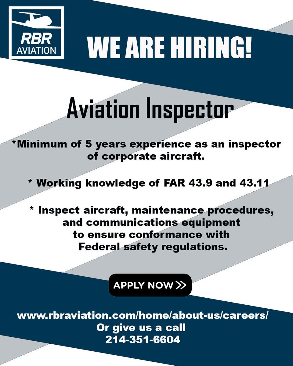 RBR_MX's tweet photo. Join our RBR Family! 

#AviationJobs #AviationInspector #AircraftMaintenance #BizAv #DallasTexas #RBR #RBRAviation https://t.co/nf9VXWBakE