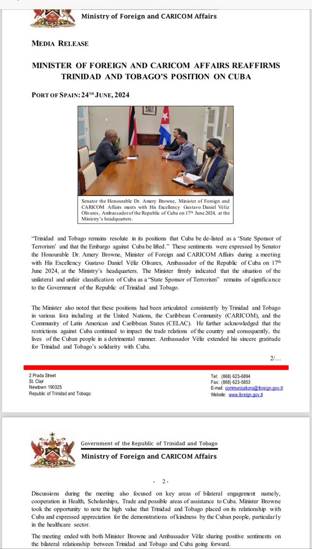 Agradecemos declaración del Canciller de Trinidad y Tobago, Amery Browne, que reafirma posición de ese país contra la inclusión de #Cuba en la lista de supuestos Estados patrocinadores del terrorismo y a favor del levantamiento definitivo del bloqueo EEUU contra nuestro pueblo.