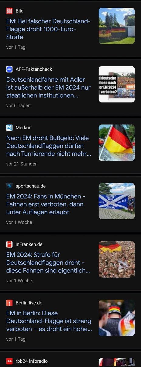 Kurzer Filterbubble Check.
Bekommt ihr auch so viele, teils hochgradig suggestive News angezeigt, dass das hissen der Deutschen Flagge bald/eigentlich sowieso verboten ist?