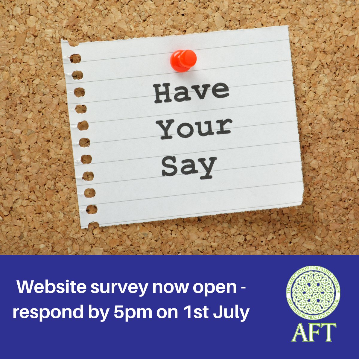 Can you help us to create a new website and brand for AFT?  We welcome views from members, students, those with lived experience of therapy and anyone else! 

Tell us what matters to you by completing our survey:
surveymonkey.com/r/QXQBST2?dm_i…

#WeAreAFT #familytherapy
