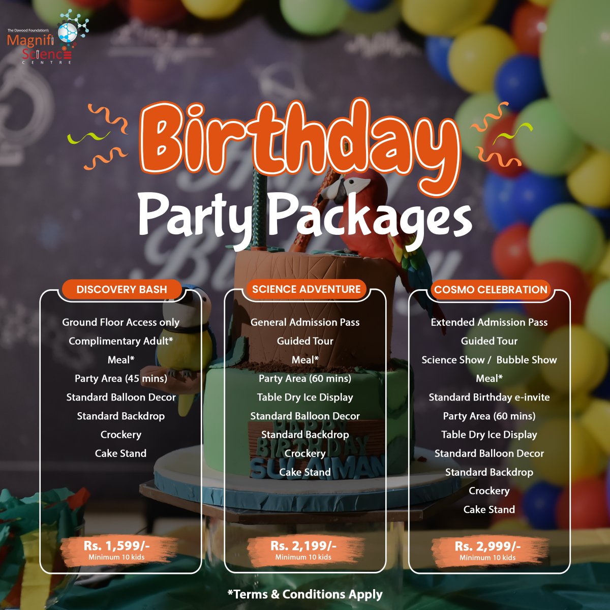 Choose from our personalised birthday packages designed to make your child's birthday at TDF's MagnifiScience Centre a memorable one!    

Visit magnifiscience.org/birthday-party……… or call us at  +923000458674 

#Birthdays #MagnifiScience #Karachi #Pakistan #Family #Celebration #TDF