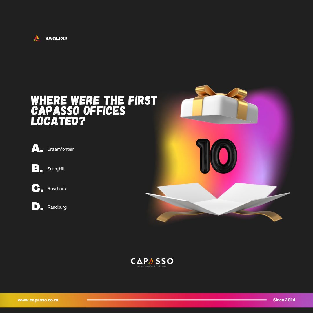 CapassoHub's tweet photo. Trivia Time!
Question 2: Where were the first CAPASSO offices located?🤔
A) Braamfontein
B) Sunnyhill
C) Rosebank
D) Randburg
Let us know your answer in the comments! 🤓
#capassoturns10 #capasso101 #triviaweek https://t.co/51cetur4ul