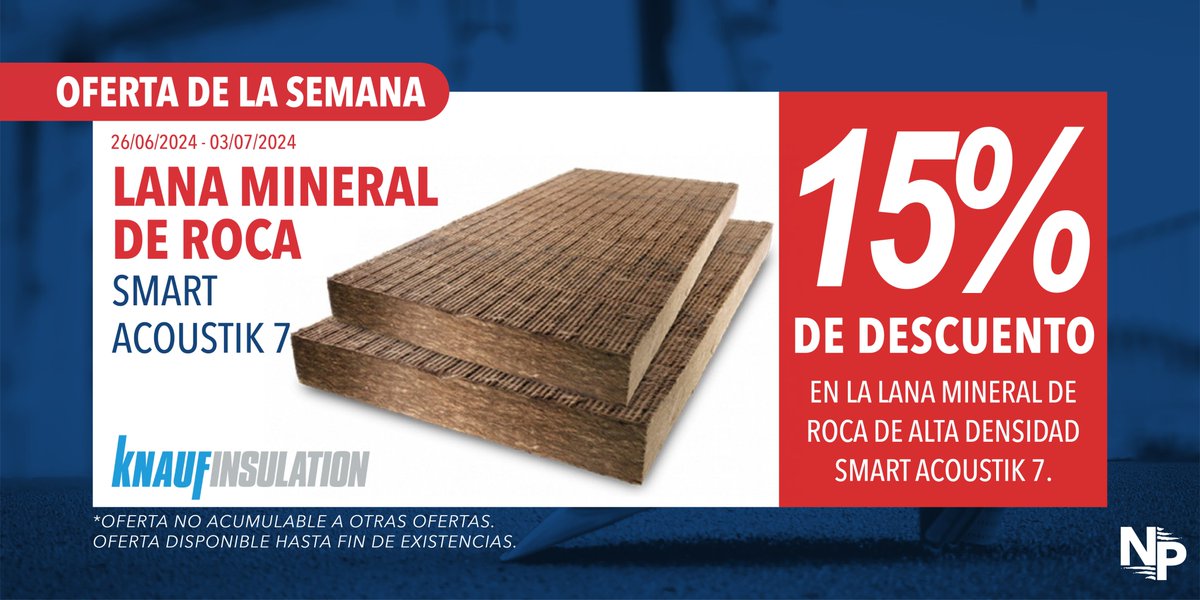 Atentos profesionales del sector. Esta semana la oferta va dedicada a vosotros. 
Solo durante esta semana, podéis conseguir el aislamiento termo-acústico no combustible de lana mineral de roca SMART ACOUSTIK 7 con un descuento irrepetible.
¿Os lo vais a perder? os esperamos.