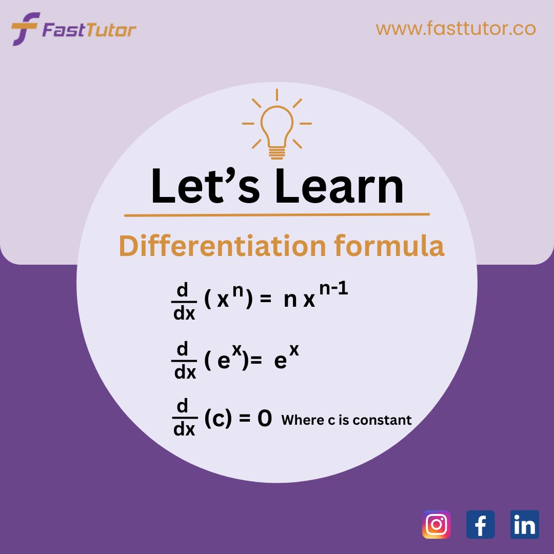 itsfasttutor's tweet image. Let&apos;s Learn....😊. 
Differentiation formulas.

#mathmagic #quadraticformula #Algebra #Geometry #mathtrick #mathformula #NEET #differentiation #algebraicformulas #edtech #edchat #elearning #classroom #maths #channel #nacho #neymar #onlinetutotring #algebraicformulas #letslearn