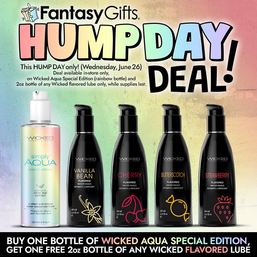 fantasygifts's tweet image. This Hump Day buy one bottle of Wicked Aqua Special Edition (rainbow bottle) get one FREE 2oz bottle of any Wicked FLAVORED lube!
Deal only offered on Wednesday, June 26th, available in-store only, while supplies last.
#shoplocal #familybusiness #fantasygifts