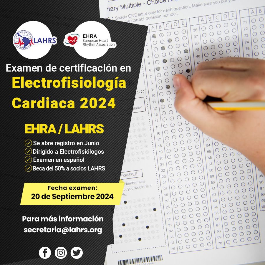 Ya se encuentran abiertas las inscripciones para el examen de certificación en electrofisiologia cardiaca EHRA/LAHRS

🔘SOCIOS LAHRS IMPORTANTES BENEFICIOS EN LA INSCRIPCIÓN 👏

🔘Inscripción hasta el 5 de Setiembre 

💻Examen: 20 Setiembre 

lahrs.org/examen-de-cert…