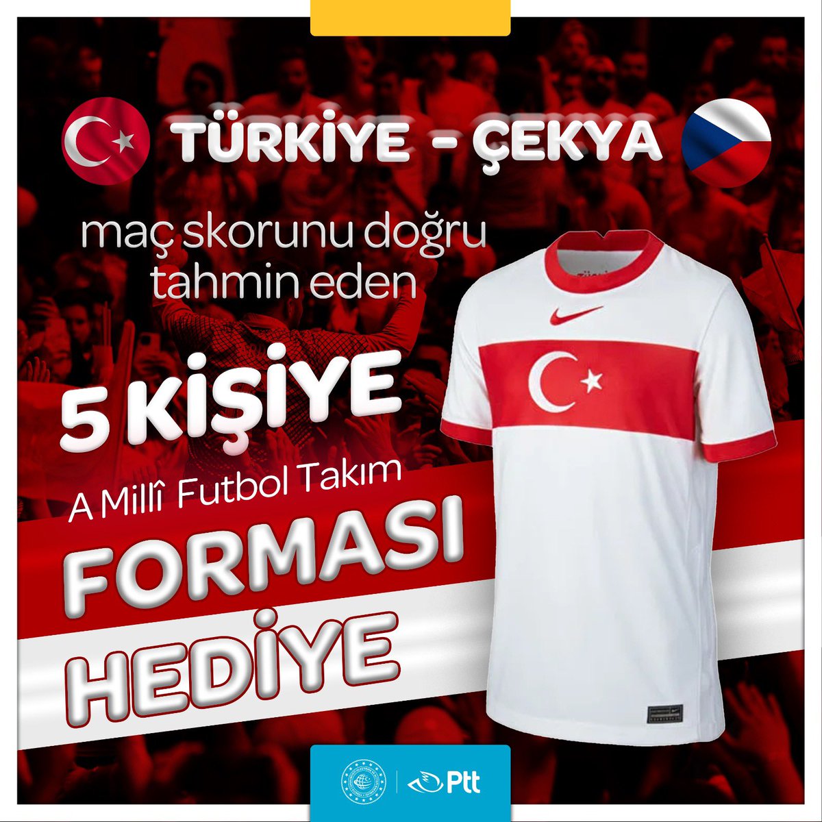 📣#EURO2024 heyecanına ortak olmaya devam ediyoruz! 🎉

“Türkiye - Çekya” 2024 Avrupa Futbol Şampiyonası karşılaşmasının skorunu doğru tahmin eden 5 takipçimize A Millî Futbol Takımımızın formasını hediye ediyoruz. 🇹🇷

Çekilişe katılmak için ⬇️

* Tweeti RT’le.

•  <a href="/PTTKurumsal/">PTT AŞ</a>