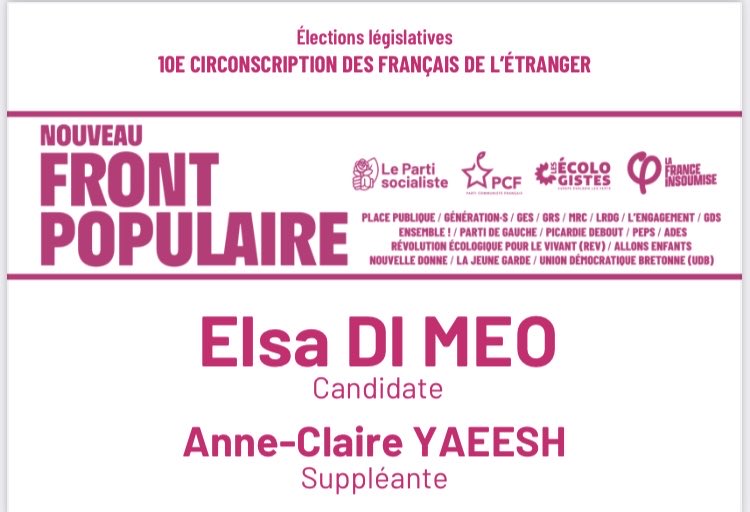 ElsaDiMeo's tweet photo. Le vote en ligne a commencé. Dans la 10 eme circonscription des français de l’étranger un seul vote #NouveaFrontPopulaire : Elsa Di Meo et Anne-Claire Yaeesh #FDE https://t.co/i2OTn0lxLZ