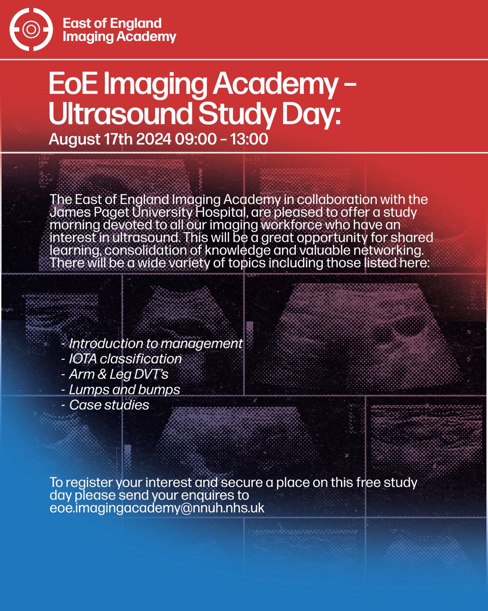 East of England Imaging Academy (@eoe_imagingacad) on Twitter photo Save the date for our upcoming Ultrasound study day! A must for any and all imaging practitioners with an interest in ultrasound imaging.
If interested please direct any enquiries to eoe.imagingacademy@nnuh.nhs.uk Save the date for our upcoming Ultrasound study day! A must for any and all imaging practitioners with an interest in ultrasound imaging.
If interested please direct any enquiries to eoe.imagingacademy@nnuh.nhs.uk
