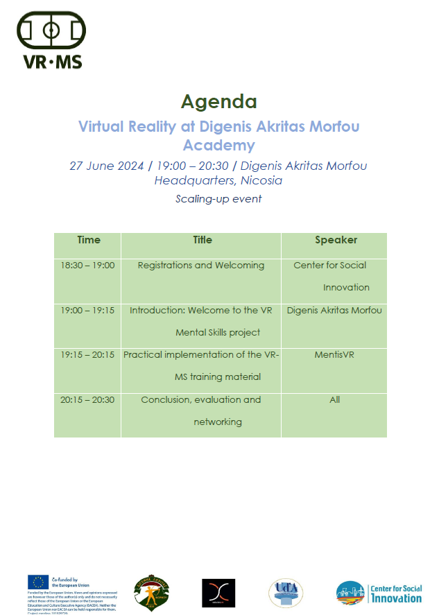 The Agenda of our scaling-up event 'Virtual Reality at ΔΙΓΕΝΗΣ ΑΚΡΙΤΑΣ ΜΟΡΦΟΥ Academy' is now ready! Check it out and get ready for some serious fun with VR football training!
See you there, on Thursday, 27 June, at 19:00!
#Football #VirtualRealityTraining #mentalskillstraining