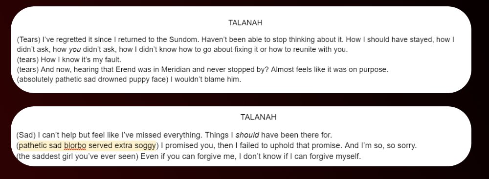 foibles_fables's tweet photo. #FOTHreveals, writer edition! In the early stages of scripting, before we implemented expression codes for character sprites, writers indicated moods/expressions for each dialogue line with parentheticals.
some of my personal favorites from the Talanah route. @focusontheheart https://t.co/XqAVsfGnb4