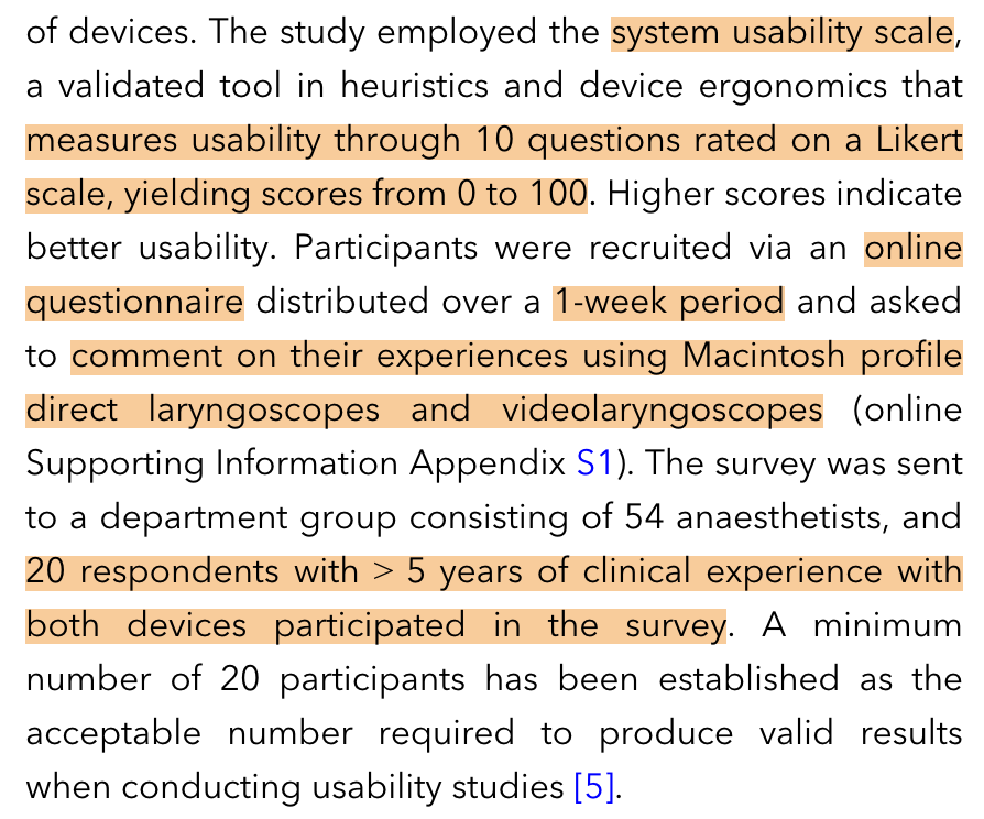 Anaes_Journal's tweet photo. Do we need to redesign videolaryngoscopes?

Have you considered the usability and user experience of VL vs DL?

In this small study, the system usability scale score for DL was 86.6, while VL was 72.5

Participants reported VLs were 'unnecessarily complex' including in setup and maintenance.

Ways to improve this:
• standardising VLs to reduce the considerable variability that exists among different models; 
• further developing devices that require a setup process as straightforward as that of the DL;
• creating systems whereby the logistical burden of using VLs is minimised such as by adopting universal VL practices, ensuring equipment is readily available, properly maintained and easily accessible as well as streamlining cleaning protocols to enhance user experience and acceptance.

🔗https://t.co/8RZJurmECq