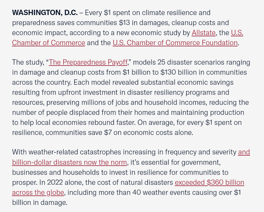 U.S. Chamber (@uschamber) on Twitter photo New: We're partnering with <a href="/Allstate/">Allstate</a> and the <a href="/USCCFoundation/">U.S. Chamber of Commerce Foundation</a> on disaster resilience.
For every $1 spent in disaster prep, communities save $13 in economic savings, damages and cleanup costs. “This important study helps identify opportunities to reduce the economic costs of New: We're partnering with <a href="/Allstate/">Allstate</a> and the <a href="/USCCFoundation/">U.S. Chamber of Commerce Foundation</a> on disaster resilience.
For every $1 spent in disaster prep, communities save $13 in economic savings, damages and cleanup costs. “This important study helps identify opportunities to reduce the economic costs of