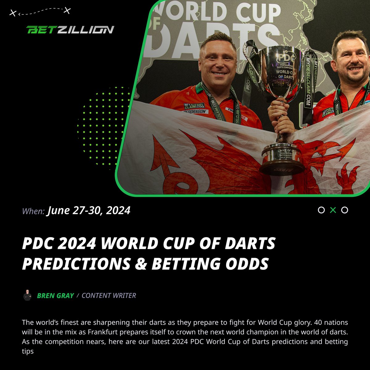 BetZillionX's tweet image. 🎯PDC 2024 WORLD CUP OF DARTS

Predictions &amp;amp; Betting Odds for June 27-30

💪 Australia to Beat Japan 4-0 @ 4.00 (3/1)
🏆 Wales to Win Outright @ 7.00 (6/1)

🔗Preview &amp;amp; Betting Odds: betzillion.com/tips/pdc-2024-…

#gamblingtwitter #pdc2024 #WorldCupOfDarts