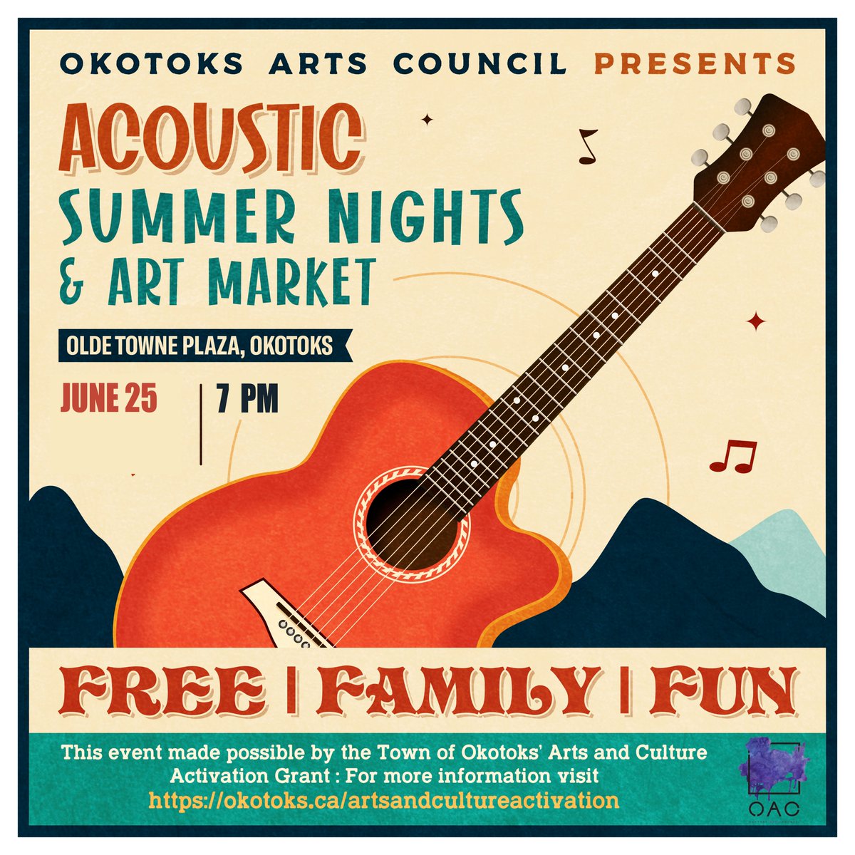 Acoustic Summer Nights and Art Market is TONIGHT at 7 pm, Olde Towne Plaza in #okotoks. #yyc #highriver